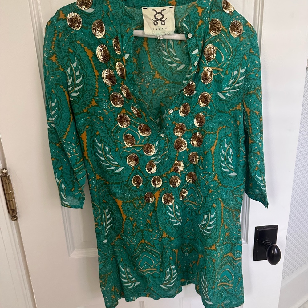 Green Figue Tunic with block print design and gold sequin embellishments. XS